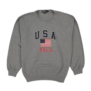 POLO SPELL OUT USA FLAG CREWNECK // HEATHER GREY