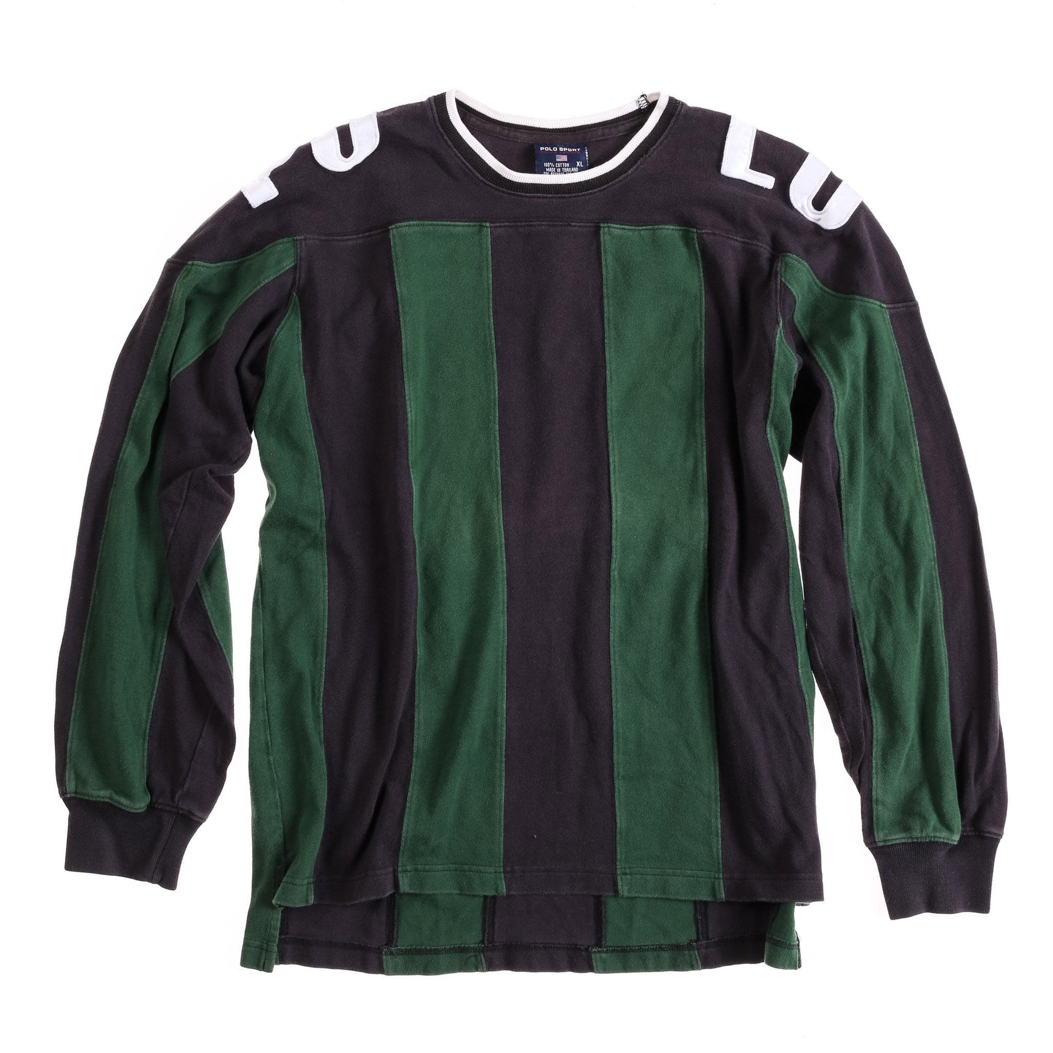 POLO SPORT SHOULDER SPELL OUT VERTICAL STRIPE LS TEE // GREEN BLACK